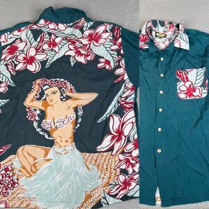 TOMMY BAHAMA Hawaiian Shirt Mens M Green Red Hula Girl Lei Flower Lightweight